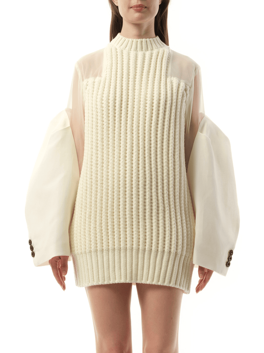 Image of a model wearing Dress. Productname: SACAI Silk Chiffon Mix Knit Dress in Off White colour by brand - SACAI