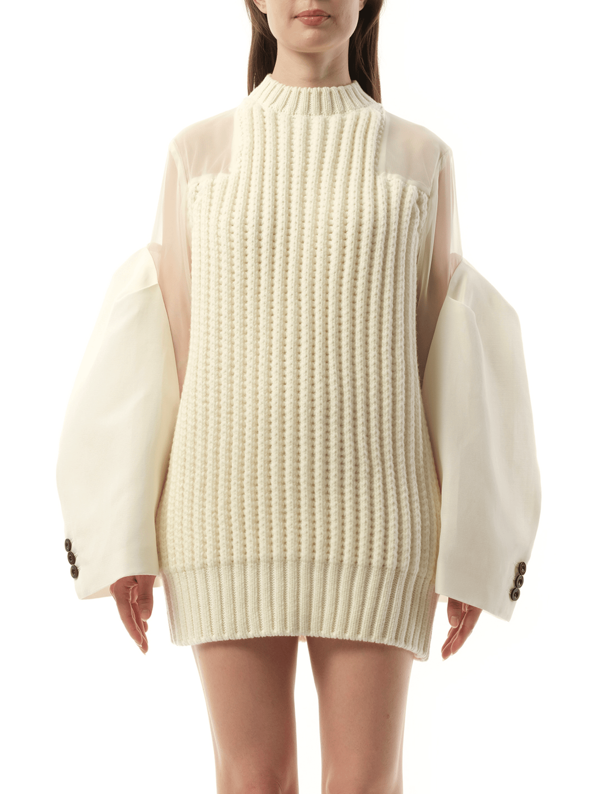 Image of Dresses. Product name - Silk Chiffon Mix Knit Dress in White colour by brand - SACAI