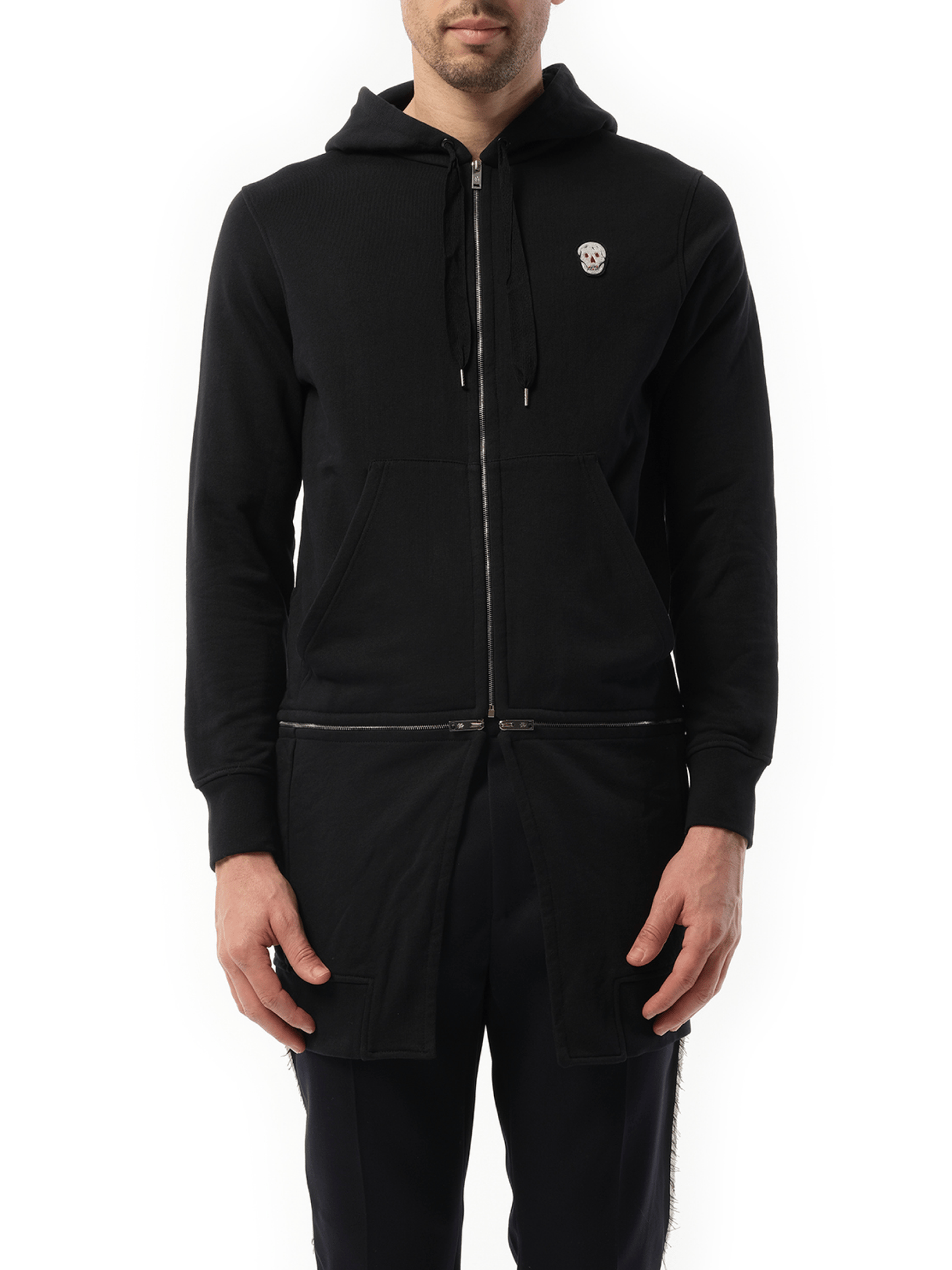 Image of a model wearing Outerwear. Productname: ALEXANDER MCQUEEN Zip Long Hoodie in BLACK colour by brand - ALEXANDER MCQUEEN