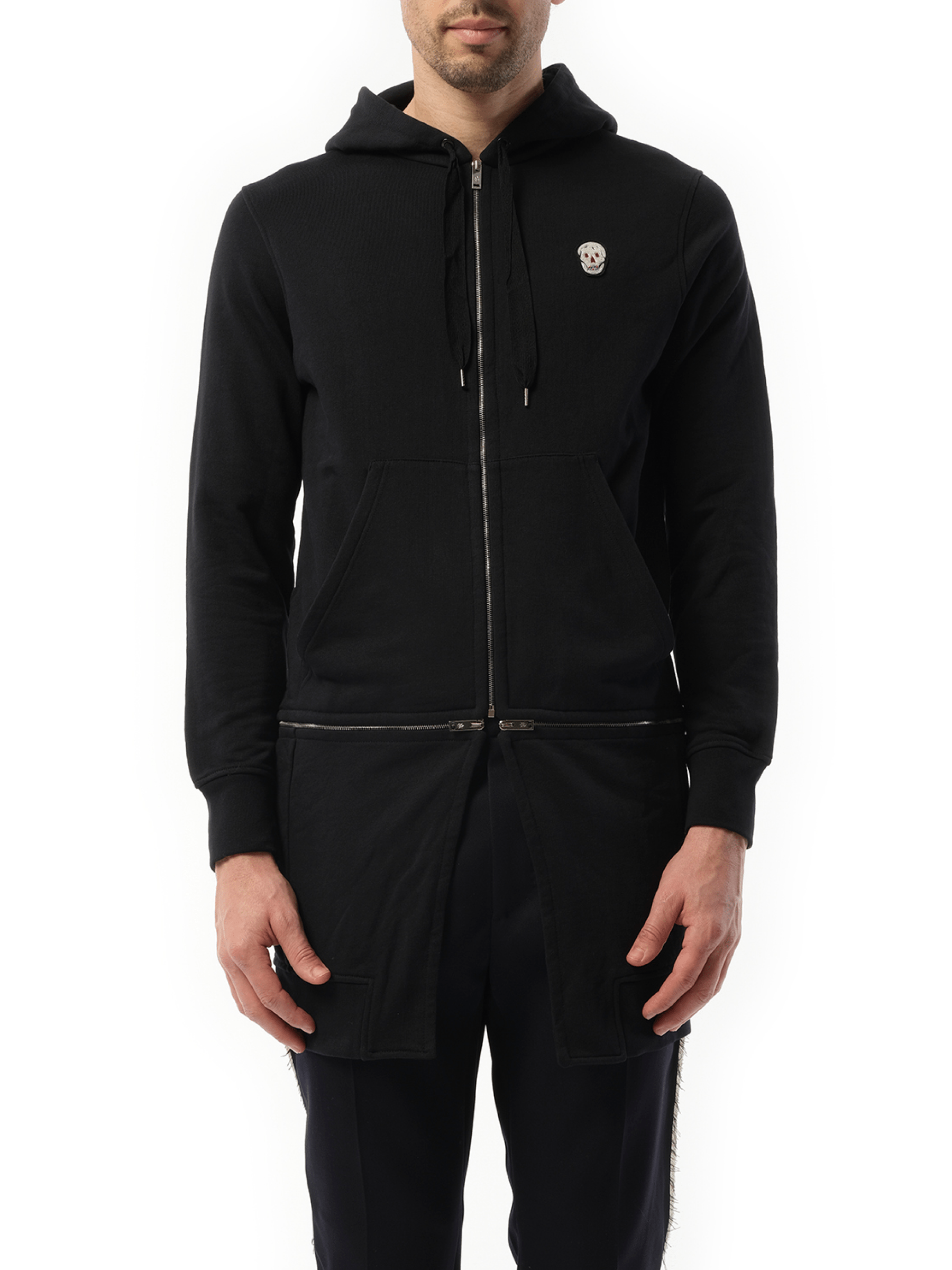 Image of a model wearing Outerwear. Productname: ALEXANDER MCQUEEN Zip Long Hoodie in BLACK colour by brand - ALEXANDER MCQUEEN