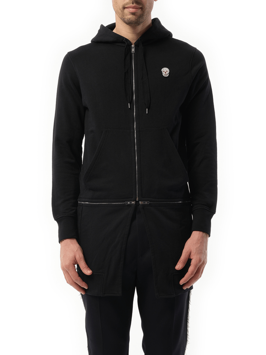 Image of a model wearing Outerwear. Productname: ALEXANDER MCQUEEN Zip Long Hoodie in BLACK colour by brand - ALEXANDER MCQUEEN