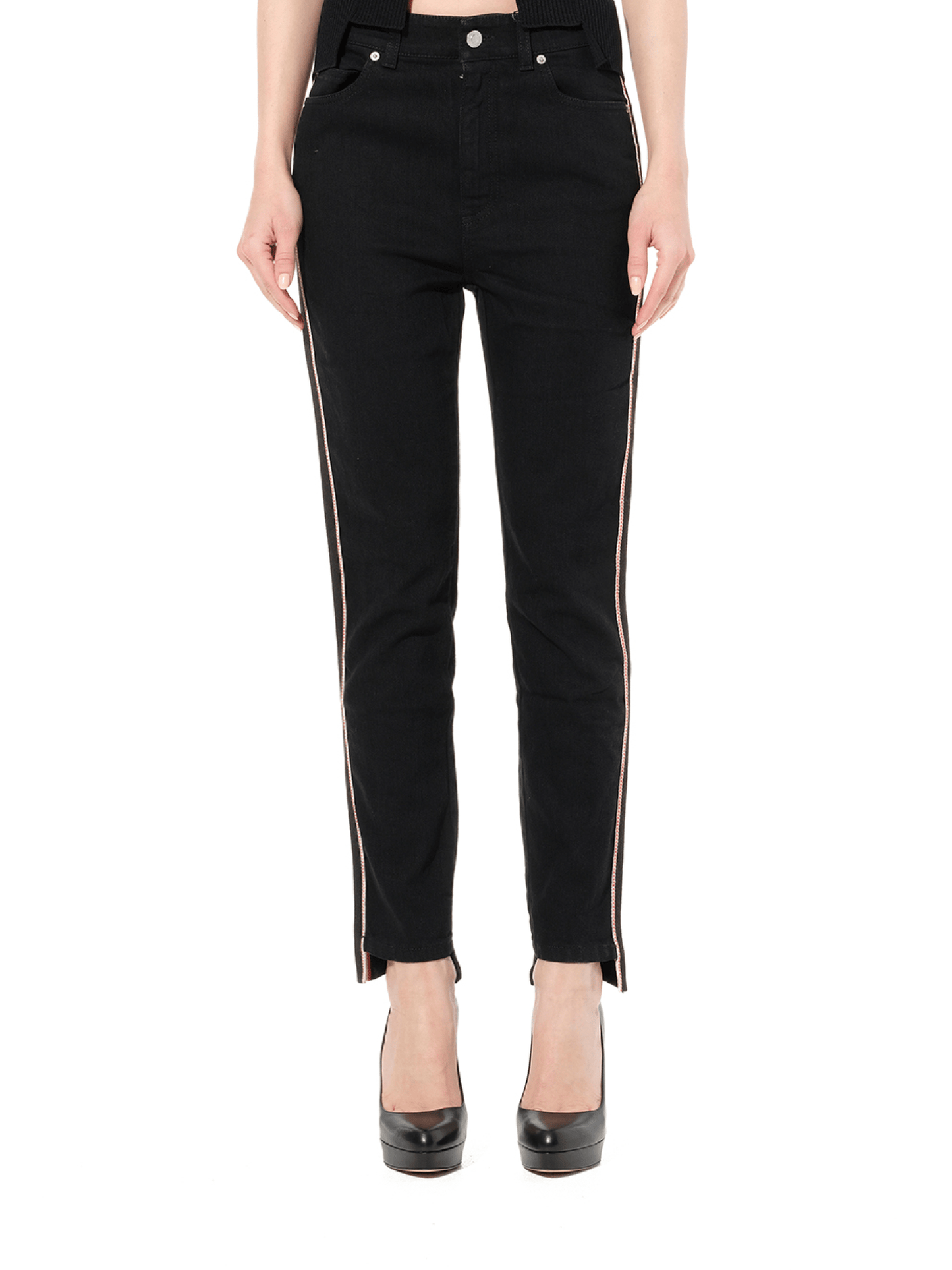 Image of a model wearing Denim. Productname: ALEXANDER MCQUEEN Emb Denim Jeans in Black colour by brand - ALEXANDER MCQUEEN