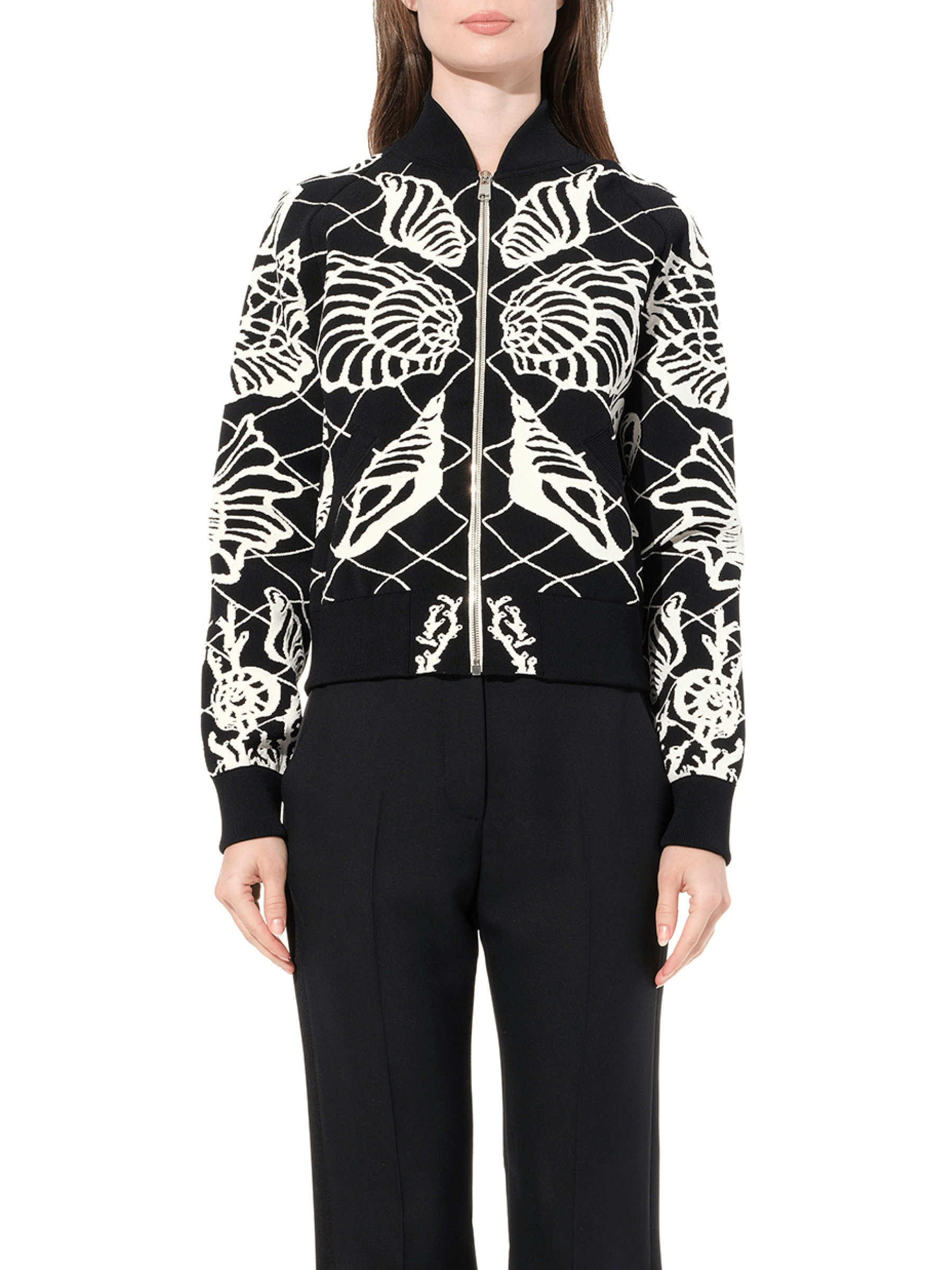 Image of a model wearing Outerwear. Productname: ALEXANDER MCQUEEN Bomber Jacket in Black Ivory colour by brand - ALEXANDER MCQUEEN
