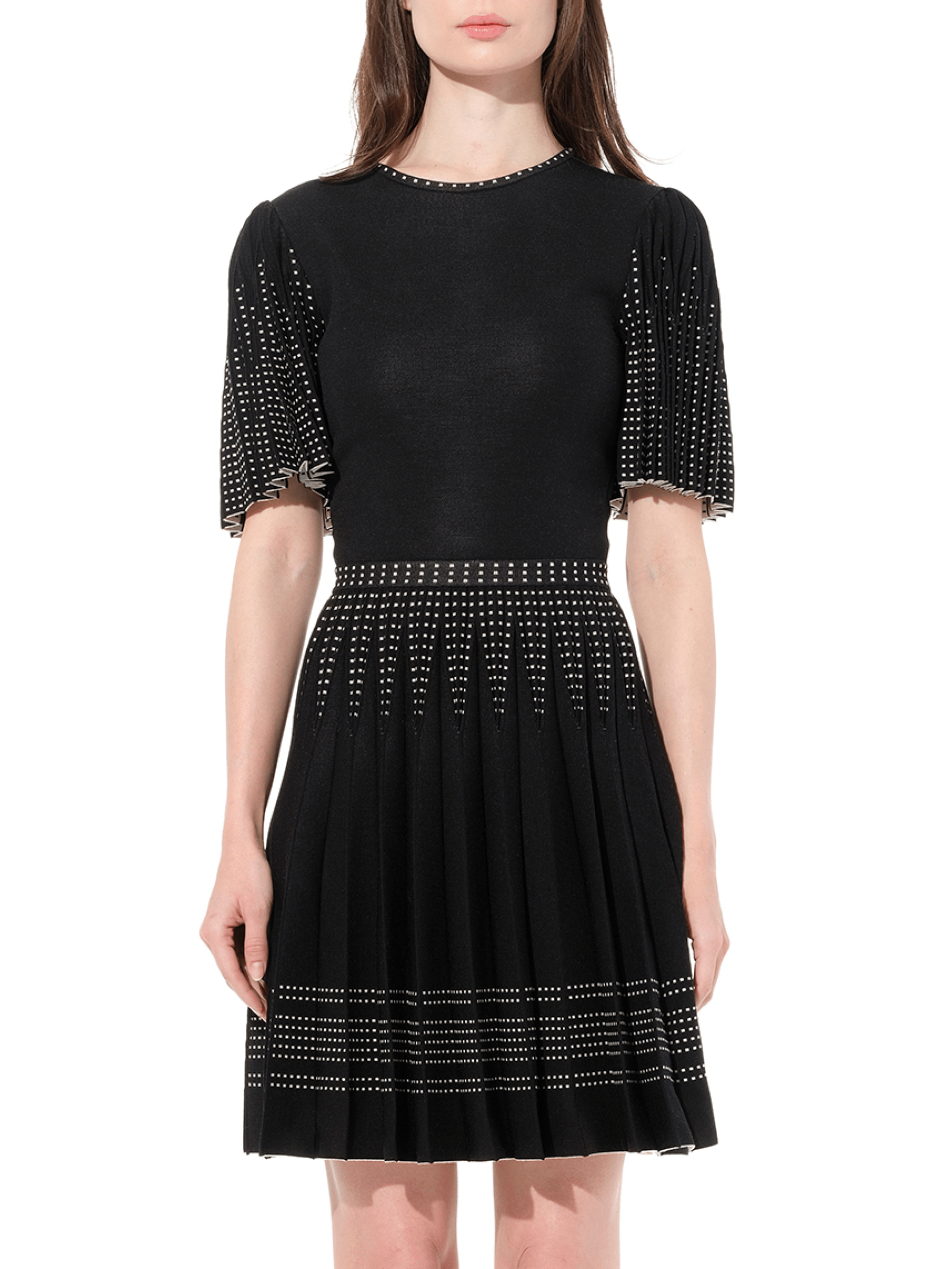 Image of a model wearing Dress. Productname: ALEXANDER MCQUEEN Knit Jacquard Dress in Black White colour by brand - ALEXANDER MCQUEEN