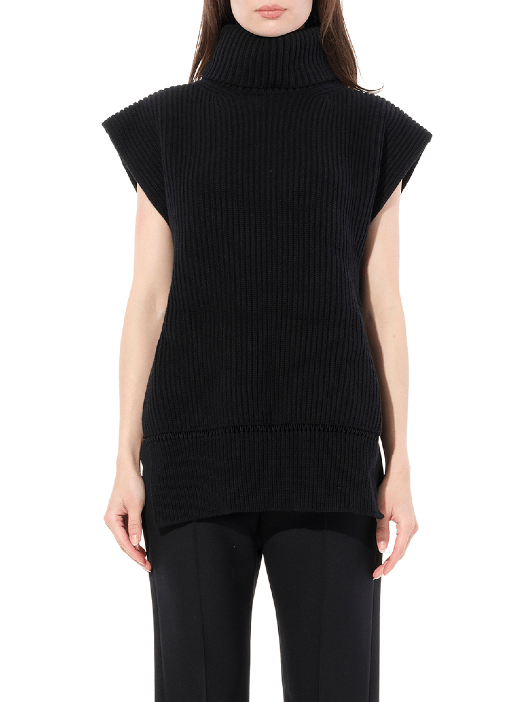Image of a model wearing Outerwear. Productname: ALEXANDER MCQUEEN Turtle Neck Knitwear in Black colour by brand - ALEXANDER MCQUEEN