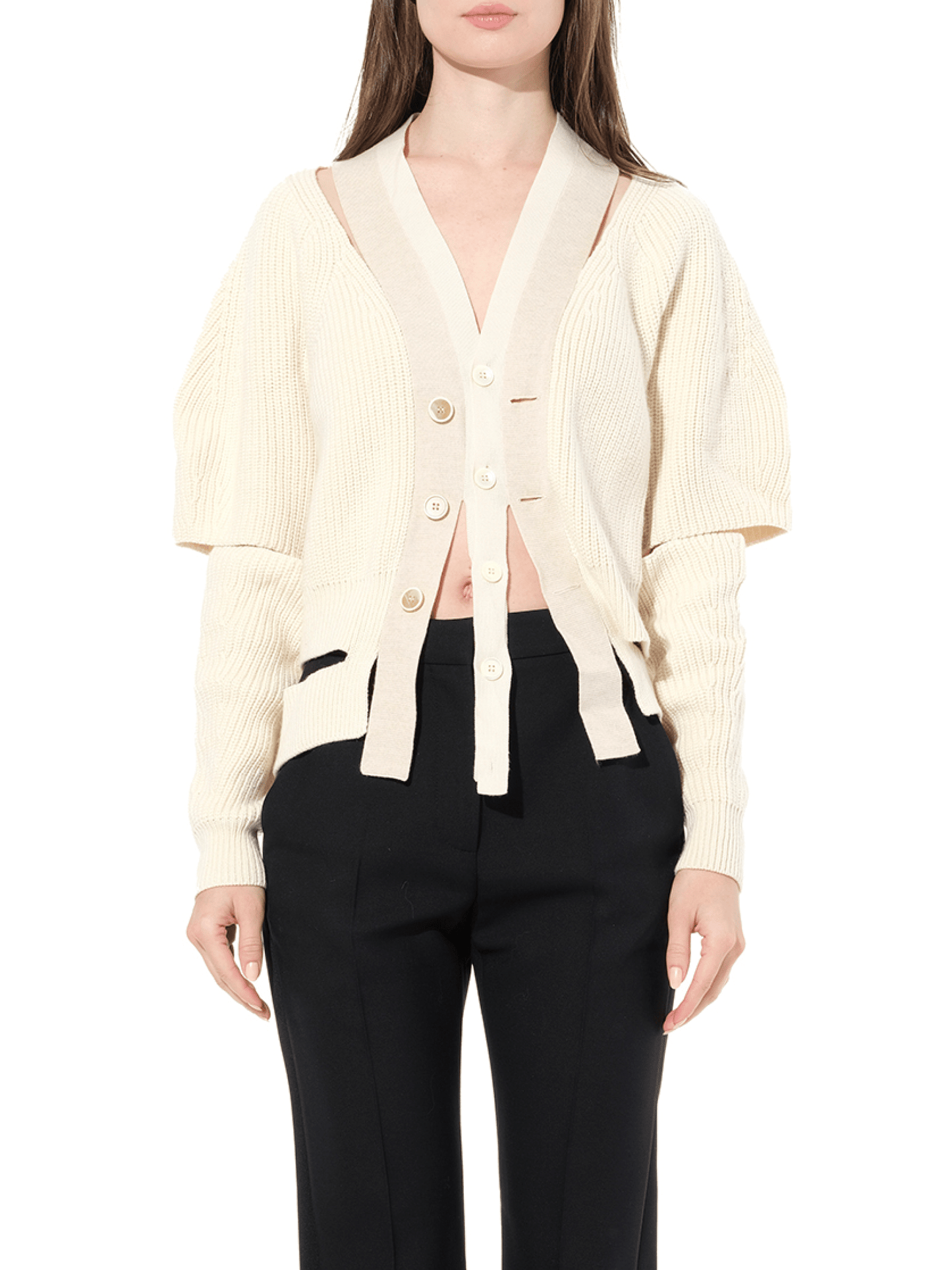 Image of a model wearing Outerwear. Productname: ALEXANDER MCQUEEN Chuncky Cardigan in WHITE colour by brand - ALEXANDER MCQUEEN