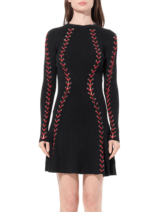 Image of a model wearing Dress. Productname: ALEXANDER MCQUEEN Knit Dress in Black Red colour by brand - ALEXANDER MCQUEEN