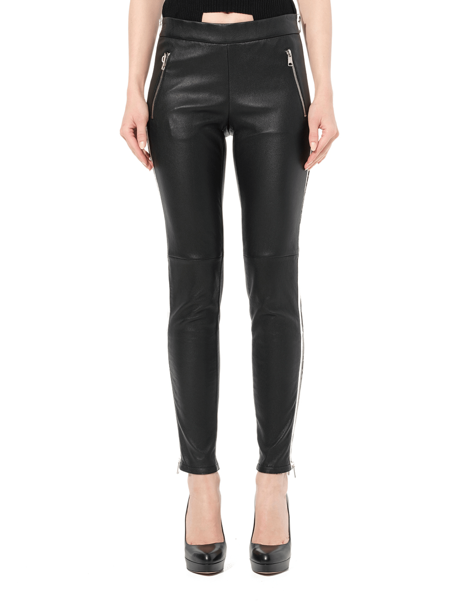 Image of a model wearing Pants. Product name - Leather Leggings in Black colour by brand - ALEXANDER MCQUEEN