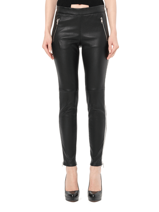 Image of a model wearing Pants. Productname: ALEXANDER MCQUEEN Leather Leggings in Black colour by brand - ALEXANDER MCQUEEN