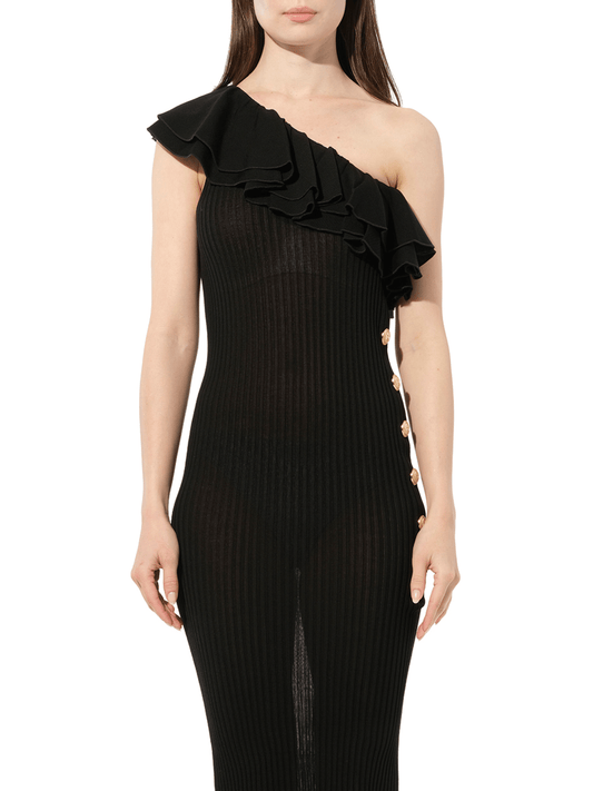 Image of Dresses. Productname: BALMAIN One Shoulder Dress in BLACK colour by brand - BALMAIN