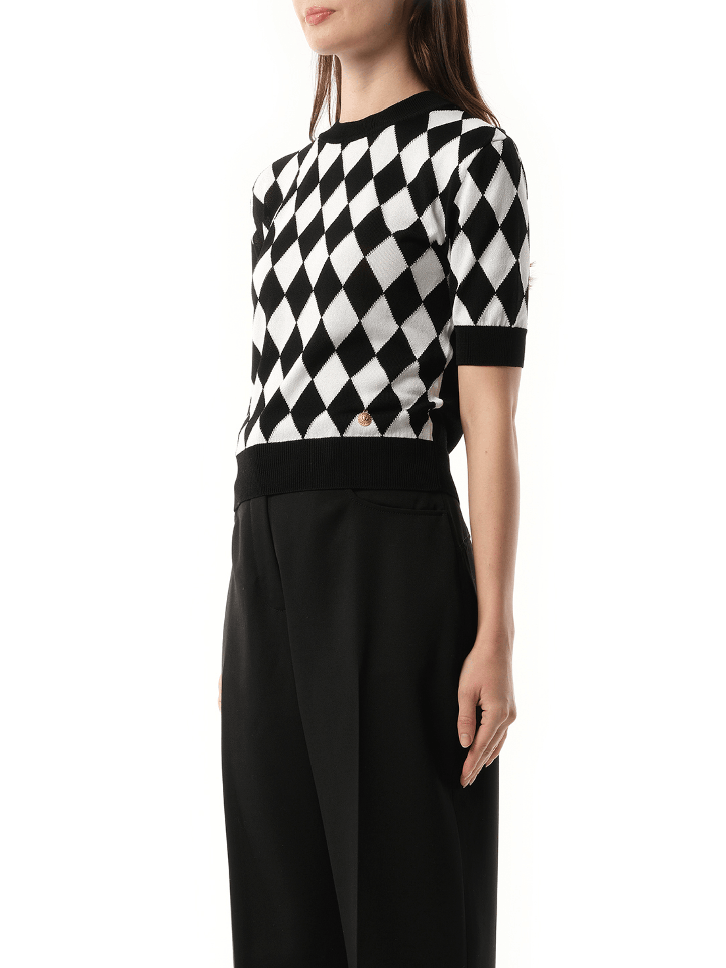BALMAIN Short Sleeve Diamond Intarsia Knit Top (Black)