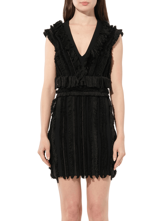 Image of a model wearing Dress. Productname: BALMAIN Fringe Mini Dress in Black colour by brand - BALMAIN