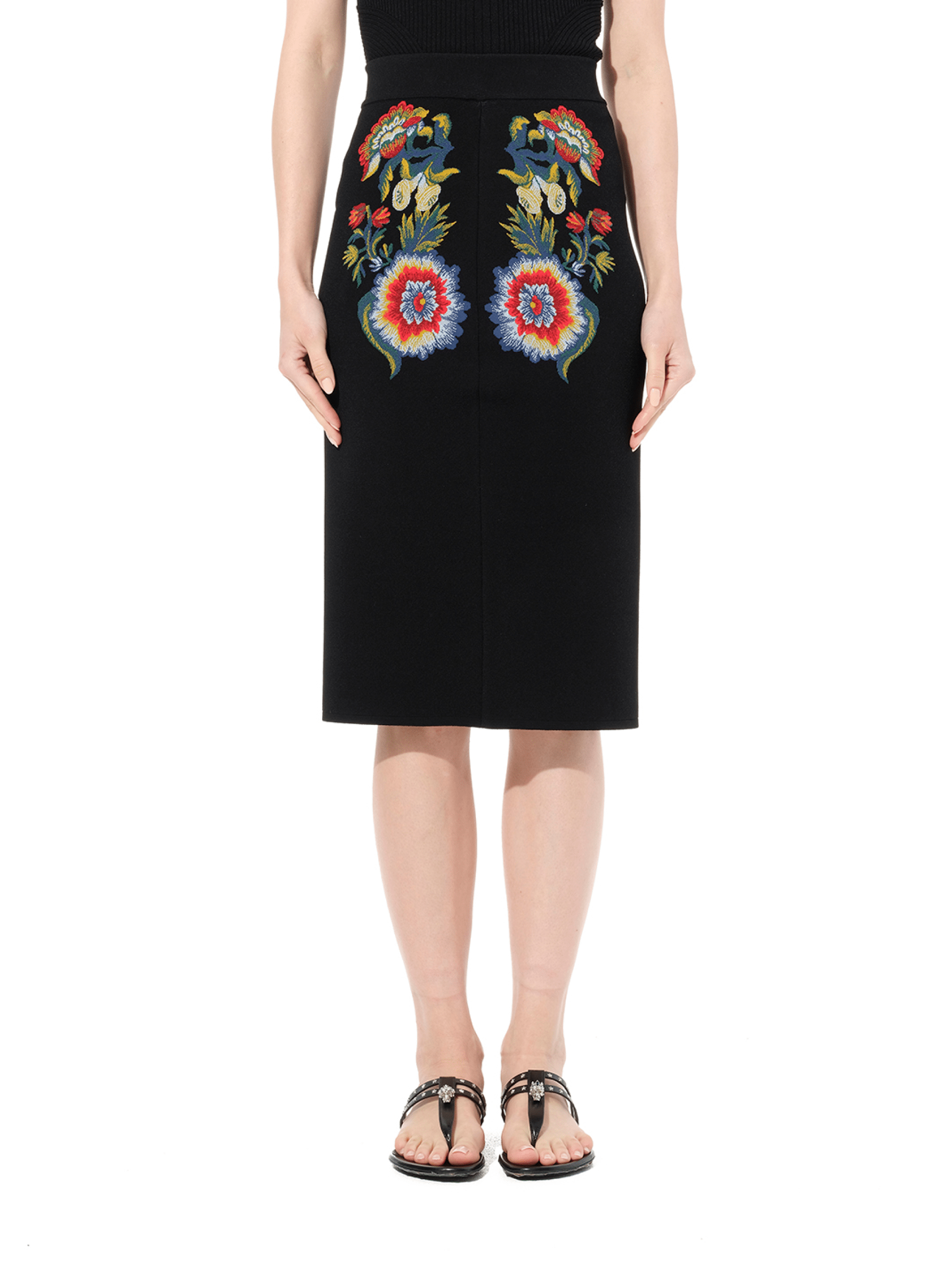 Image of a model wearing Skirts. Productname: ALEXANDER MCQUEEN Pencil Knee Skirt in Black colour by brand - ALEXANDER MCQUEEN