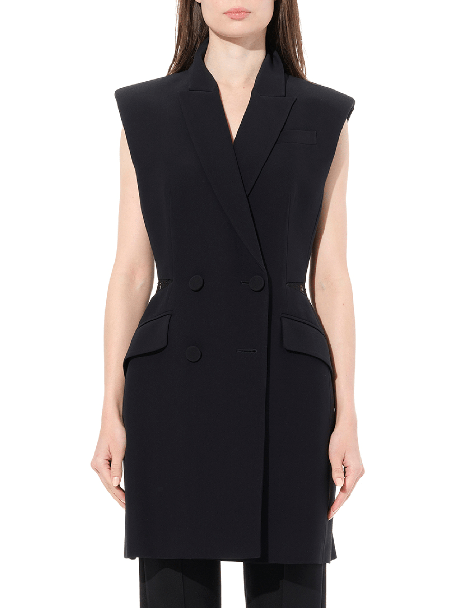 Image of a model wearing Dress. Productname: ALEXANDER MCQUEEN Sleeveless Bomber Jacket Dress in Black colour by brand - ALEXANDER MCQUEEN