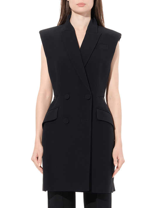 Image of a model wearing Dress. Productname: ALEXANDER MCQUEEN Sleeveless Bomber Jacket Dress in Black colour by brand - ALEXANDER MCQUEEN
