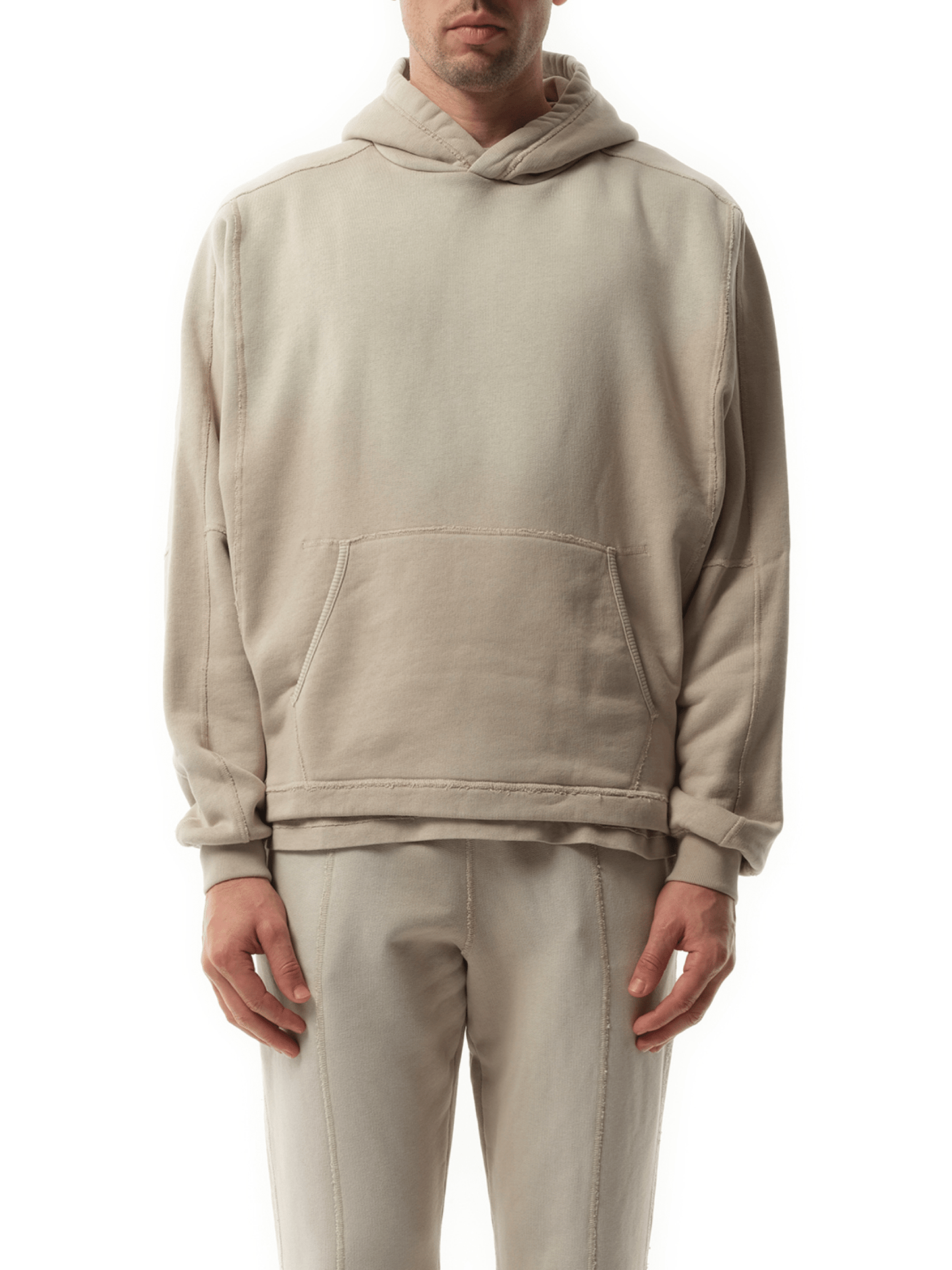 Image of a model wearing Outerwear. Productname: REPRESENT Step Hem Hoodie in BROWN colour by brand - REPRESENT