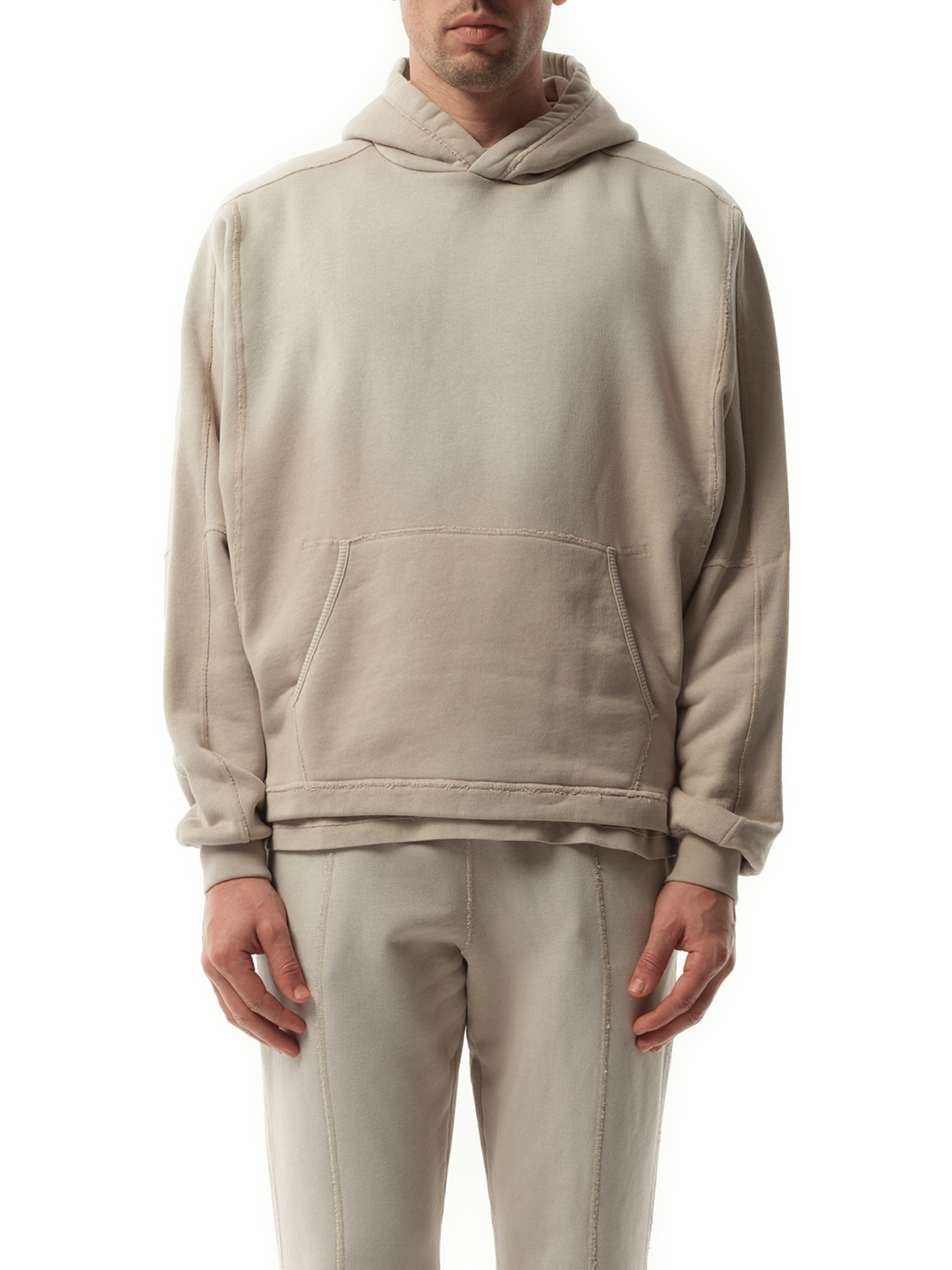 Image of a model wearing Outerwear. Productname: REPRESENT Step Hem Hoodie in BROWN colour by brand - REPRESENT