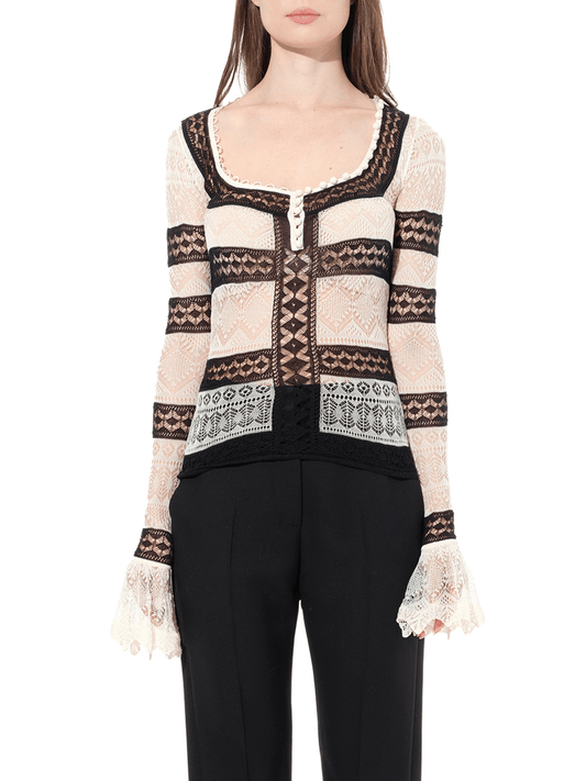 Image of a model wearing Tops. Productname: ALEXANDER MCQUEEN Scoop Neck Long Sleeve in Multicolor colour by brand - ALEXANDER MCQUEEN