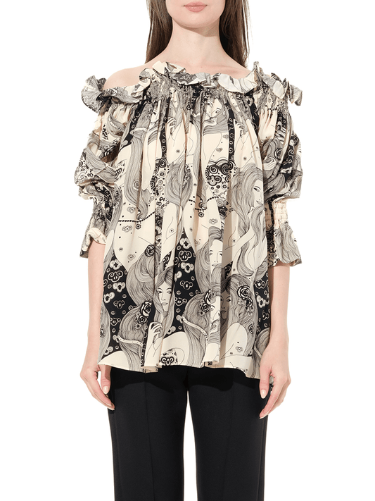 Image of a model wearing Tops. Productname: ALEXANDER MCQUEEN Off Shld Eve Top in Ivory colour by brand - ALEXANDER MCQUEEN