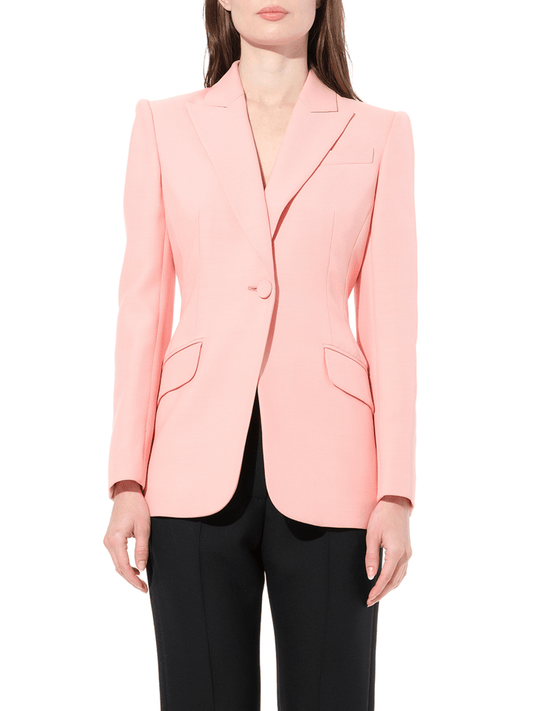 Image of a model wearing Outerwear. Productname: ALEXANDER MCQUEEN Straight Shoulder Jacket in Anemone colour by brand - ALEXANDER MCQUEEN