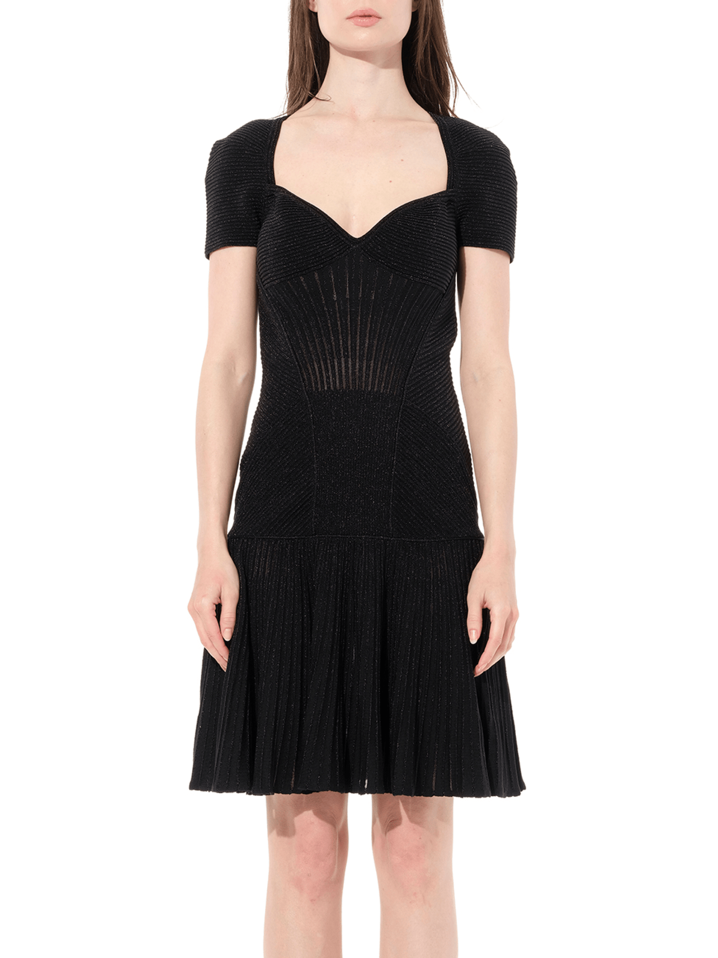 Image of a model wearing Dress. Productname: ALEXANDER MCQUEEN Knit Metal Dress in Black colour by brand - ALEXANDER MCQUEEN
