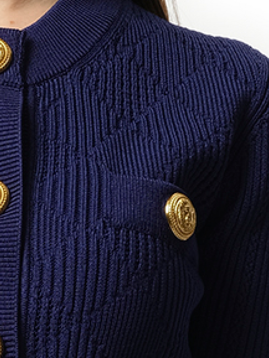 BALMAIN Buttoned 2 Pockets Vichy Knit Cardigan (Midnight Blue)
