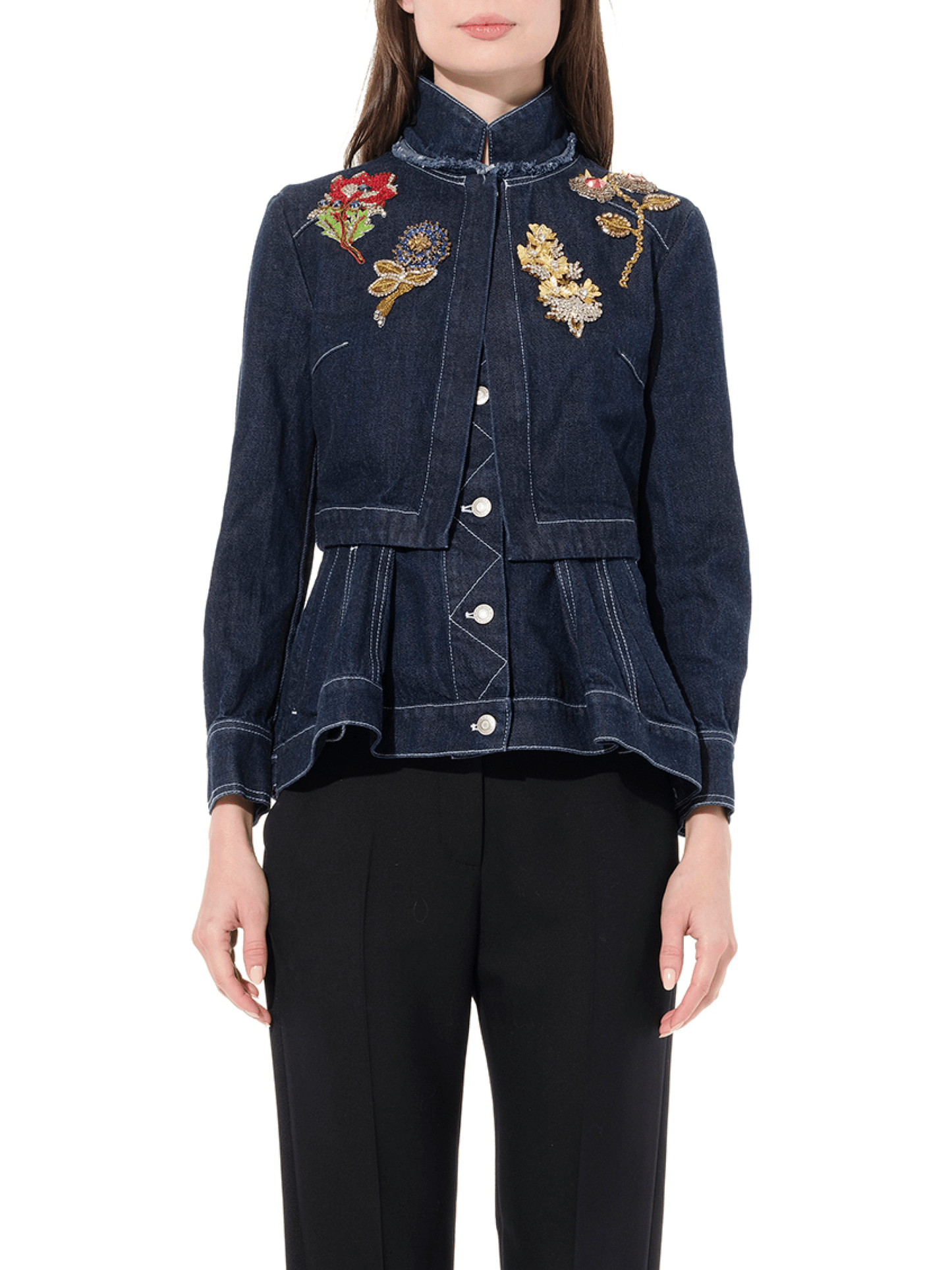 Image of a model wearing Denim. Productname: ALEXANDER MCQUEEN Raw Denim Jacket in Blue colour by brand - ALEXANDER MCQUEEN
