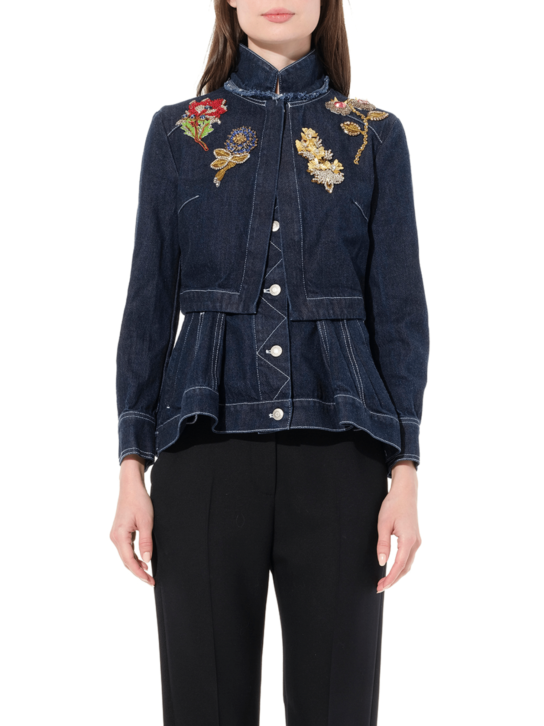 Image of a model wearing Denim. Productname: ALEXANDER MCQUEEN Raw Denim Jacket in Blue colour by brand - ALEXANDER MCQUEEN