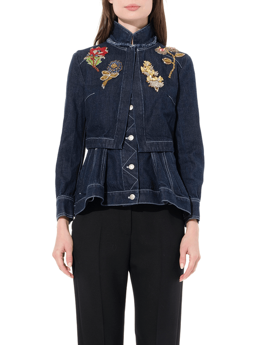 Image of a model wearing Denim. Productname: ALEXANDER MCQUEEN Raw Denim Jacket in Blue colour by brand - ALEXANDER MCQUEEN