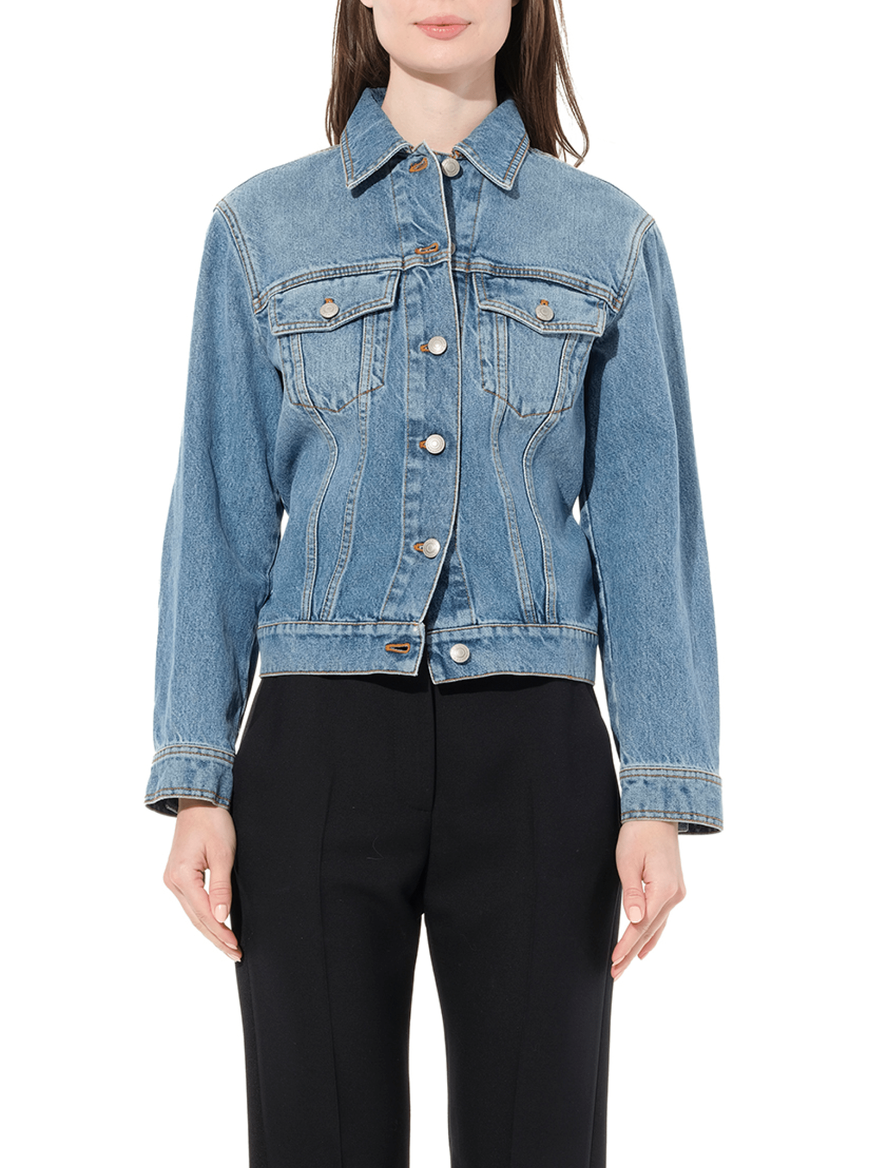 Image of a model wearing Denim. Productname: ALEXANDER MCQUEEN Emb Denim Jacket in Vintage colour by brand - ALEXANDER MCQUEEN