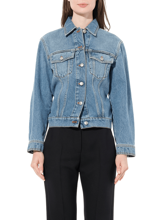 Image of a model wearing Denim. Productname: ALEXANDER MCQUEEN Emb Denim Jacket in Vintage colour by brand - ALEXANDER MCQUEEN