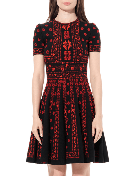 Image of a model wearing Dress. Productname: ALEXANDER MCQUEEN Flower Jacquard Dress in Black Red colour by brand - ALEXANDER MCQUEEN