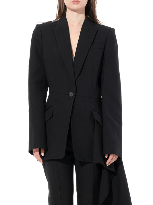 Image of a model wearing Outerwear. Productname: ALEXANDER MCQUEEN Drape Jacket in Black colour by brand - ALEXANDER MCQUEEN