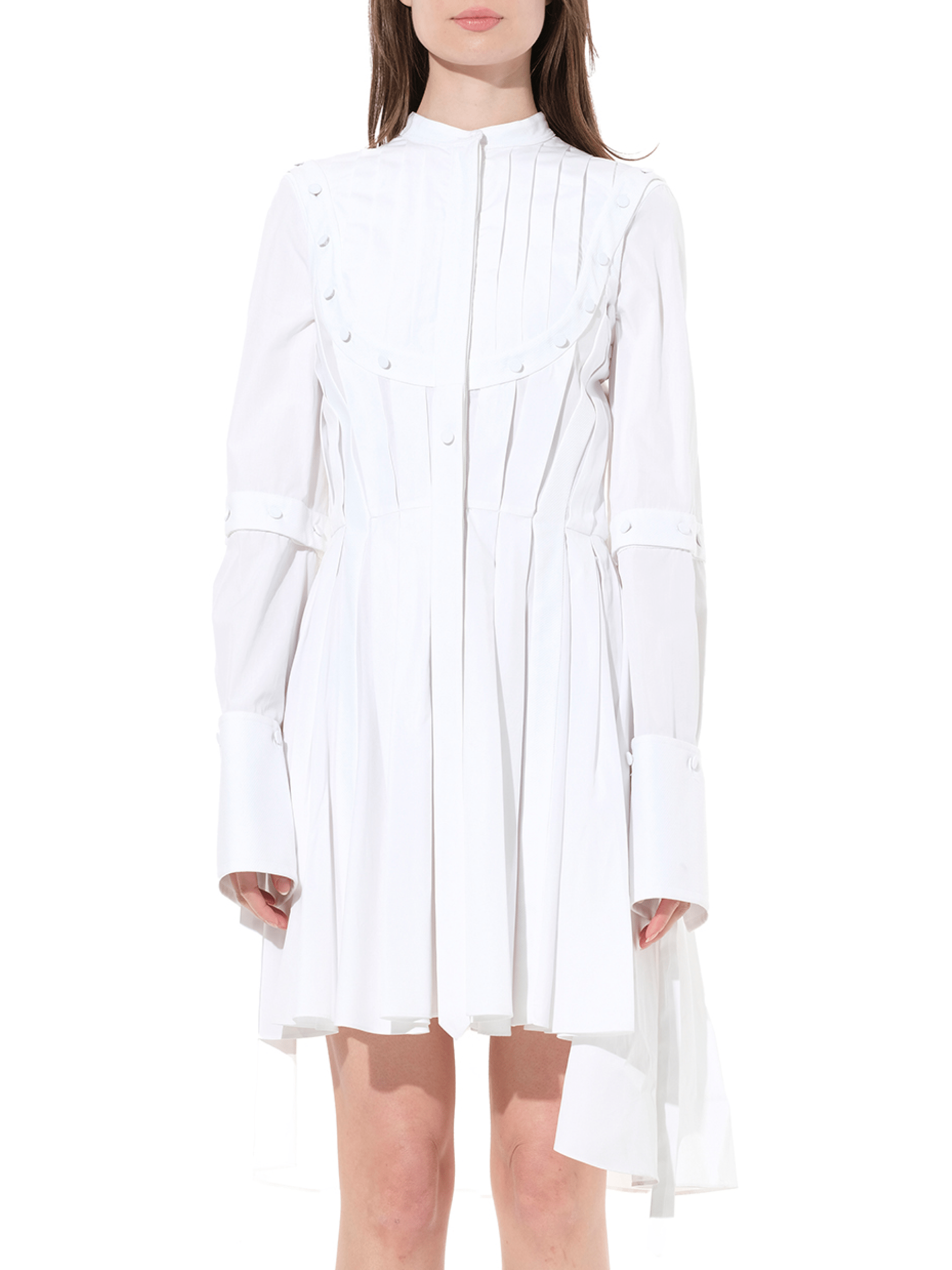 Image of a model wearing Dress. Productname: ALEXANDER MCQUEEN Pleated Sleeves Cotton Dress in White colour by brand - ALEXANDER MCQUEEN