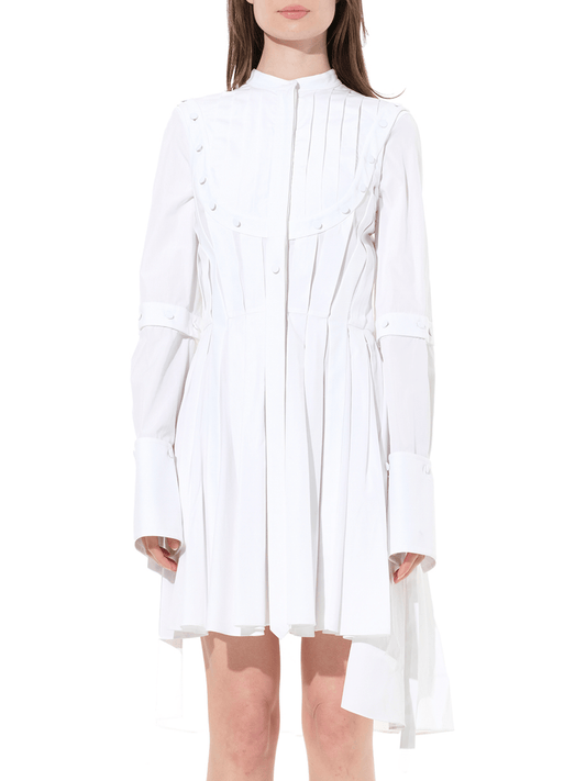Image of a model wearing Dress. Productname: ALEXANDER MCQUEEN Pleated Sleeves Cotton Dress in White colour by brand - ALEXANDER MCQUEEN