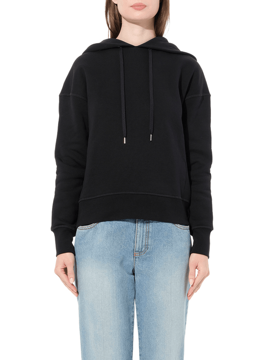 Image of a model wearing Outerwear. Productname: ALEXANDER MCQUEEN Emb Hood Sweatshirt in Black colour by brand - ALEXANDER MCQUEEN
