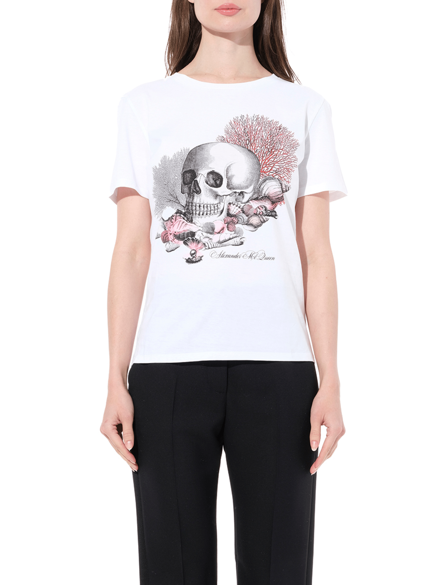 Image of a model wearing Tops. Productname: ALEXANDER MCQUEEN Cabinet S T-Shirt in White colour by brand - ALEXANDER MCQUEEN