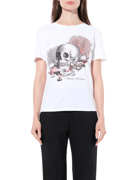 Image of a model wearing Tops. Productname: ALEXANDER MCQUEEN Cabinet S T-Shirt in White colour by brand - ALEXANDER MCQUEEN