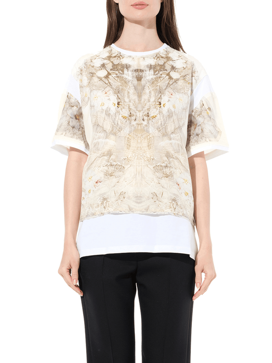 Image of a model wearing Tops. Productname: ALEXANDER MCQUEEN Trompe T-Shirt in White colour by brand - ALEXANDER MCQUEEN