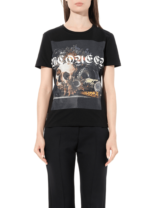 Image of a model wearing Tops. Productname: ALEXANDER MCQUEEN Still Life Skull T-Shirt in Black colour by brand - ALEXANDER MCQUEEN
