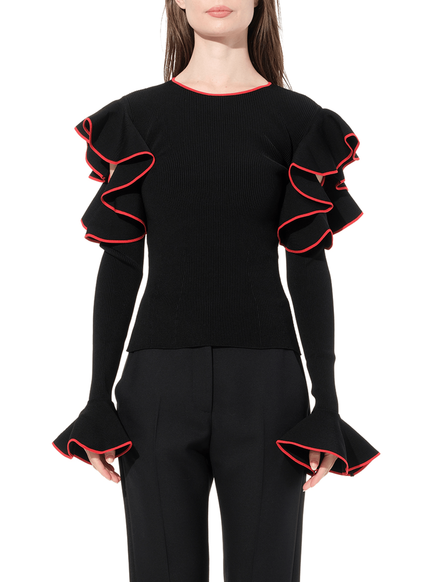 Image of a model wearing Outerwear. Productname: ALEXANDER MCQUEEN Longsleeve Knitwear in Black colour by brand - ALEXANDER MCQUEEN
