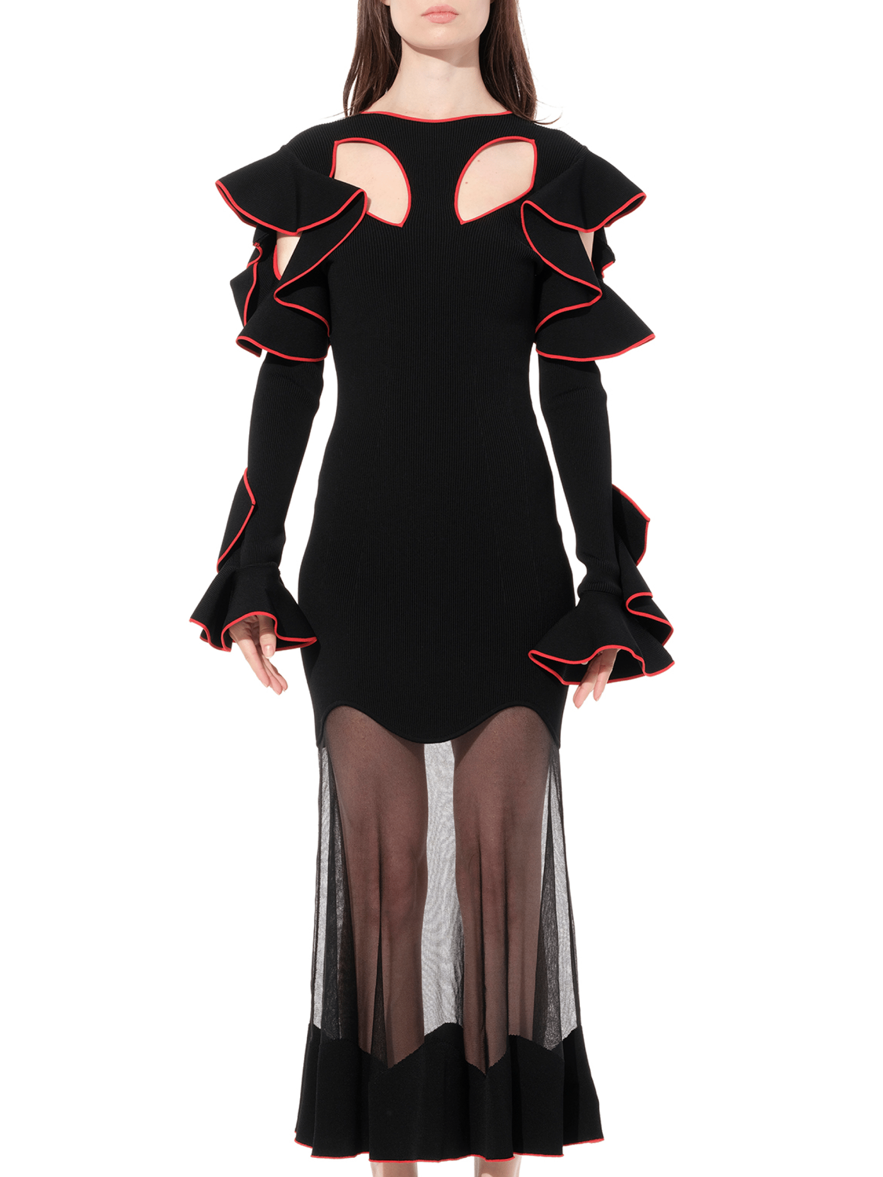 Image of a model wearing Dress. Productname: ALEXANDER MCQUEEN Long Sleeve Knit Dress in Black colour by brand - ALEXANDER MCQUEEN