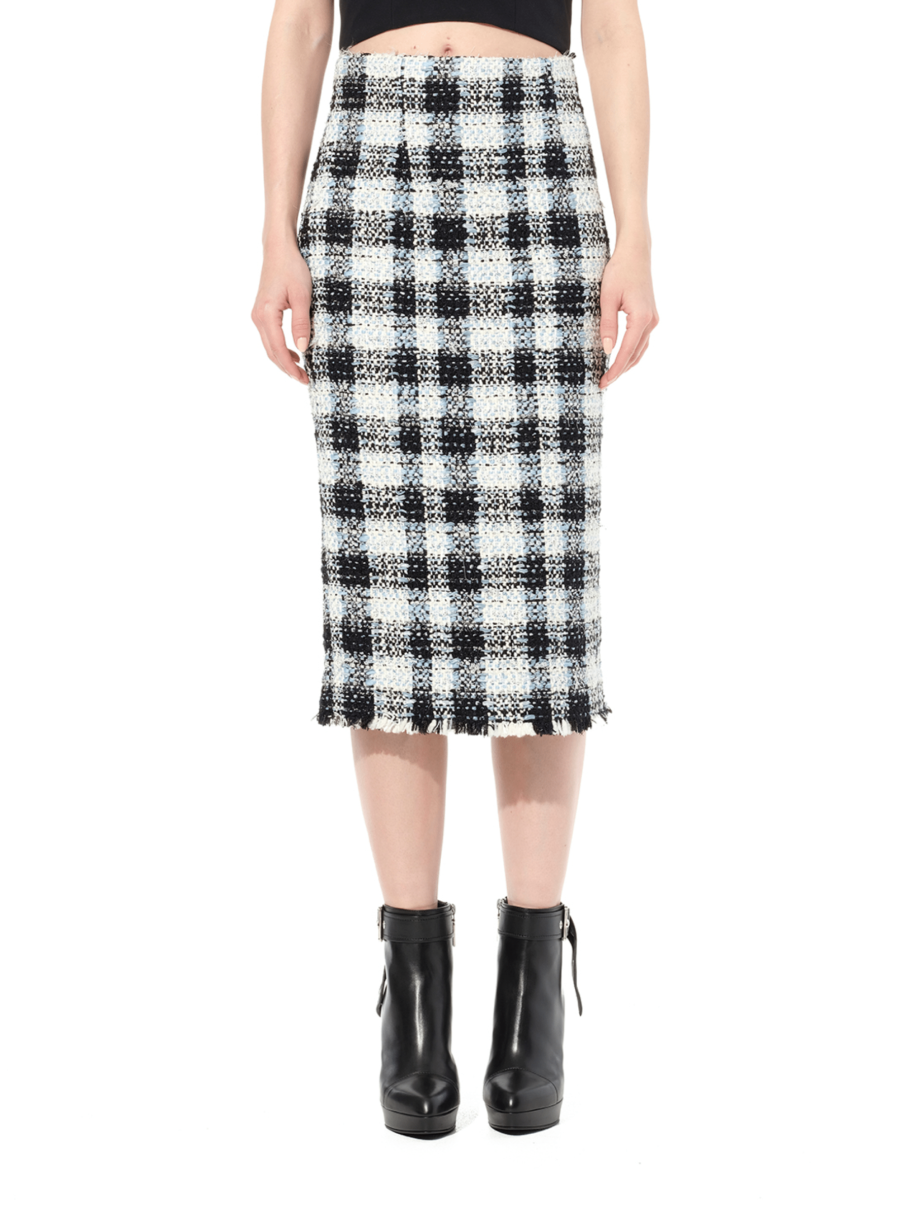 Image of a model wearing Skirts. Productname: ALEXANDER MCQUEEN Check Tweed Skirt in Blue colour by brand - ALEXANDER MCQUEEN