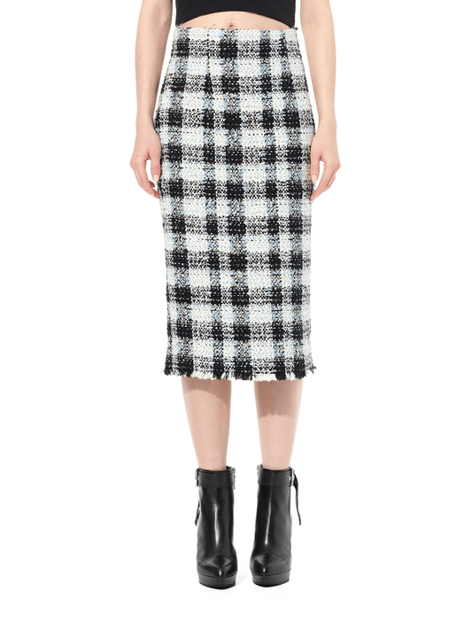 Image of a model wearing Skirts. Productname: ALEXANDER MCQUEEN Check Tweed Skirt in Blue colour by brand - ALEXANDER MCQUEEN
