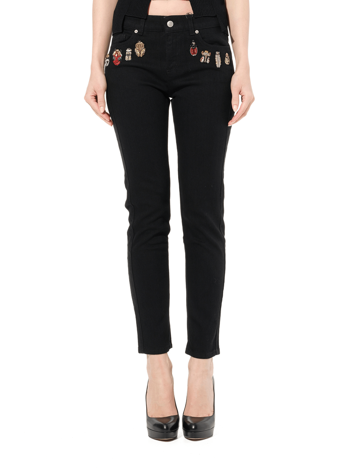 Image of a model wearing Denim. Productname: ALEXANDER MCQUEEN Washed Jeans in Black colour by brand - ALEXANDER MCQUEEN