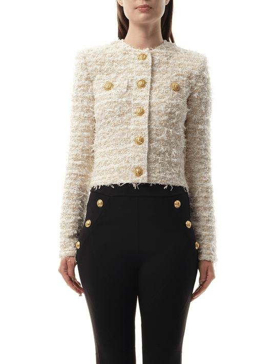 Image of Coats & Jackets. Productname: BALMAIN 2 Pockets Buttoned Tweed Knit Crop Jacket in WHITE colour by brand - BALMAIN
