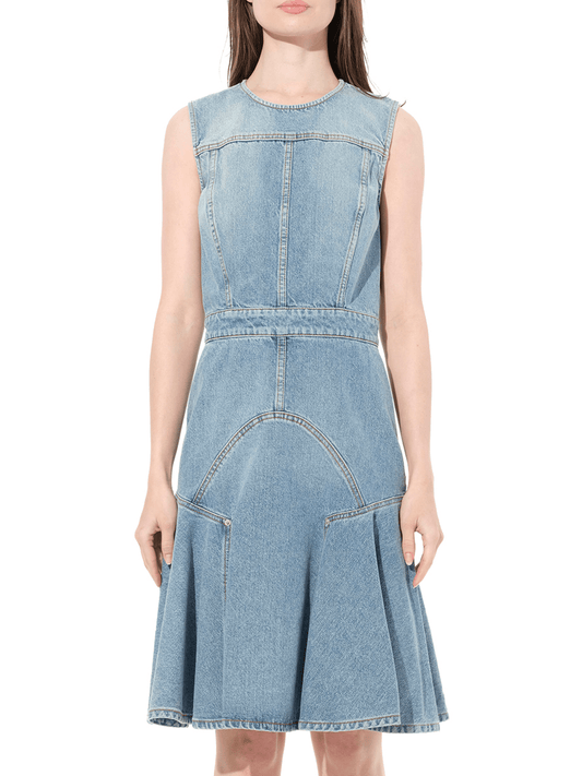 Image of a model wearing Denim. Productname: ALEXANDER MCQUEEN Abito Denim Dress in Blue colour by brand - ALEXANDER MCQUEEN