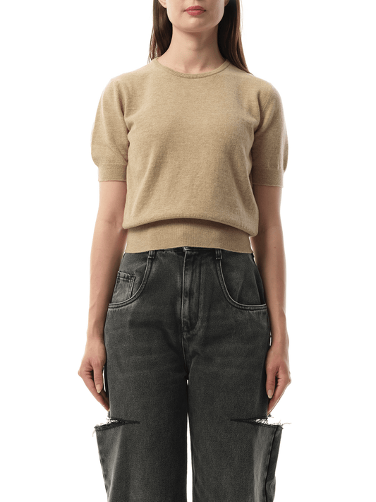 Image of a model wearing Outerwear. Productname: MAISON MARGIELA Short Sleeve Sweater in BROWN colour by brand - MAISON MARGIELA