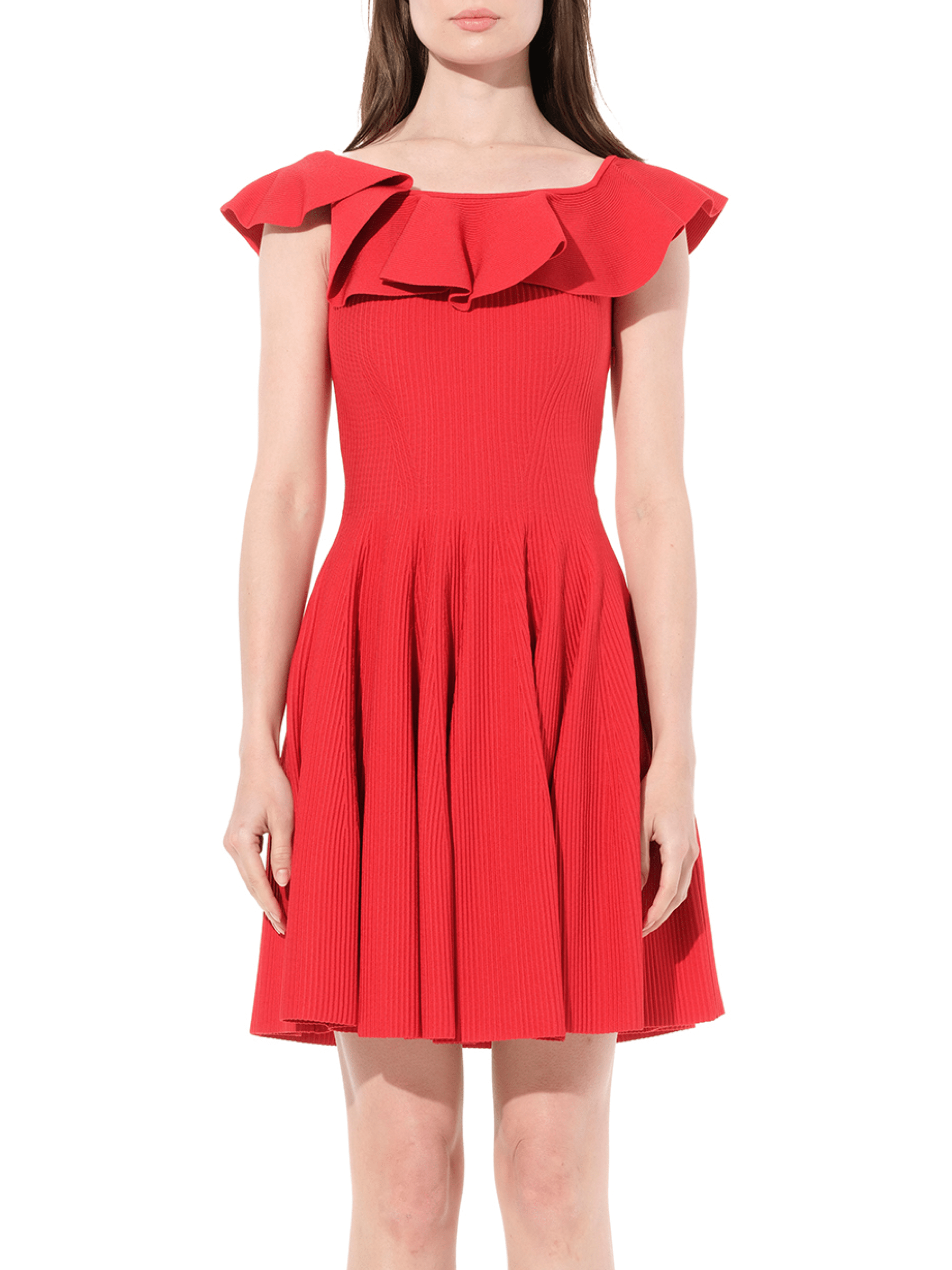 Image of a model wearing Dress. Productname: ALEXANDER MCQUEEN Stretch Mini Dress in Red colour by brand - ALEXANDER MCQUEEN
