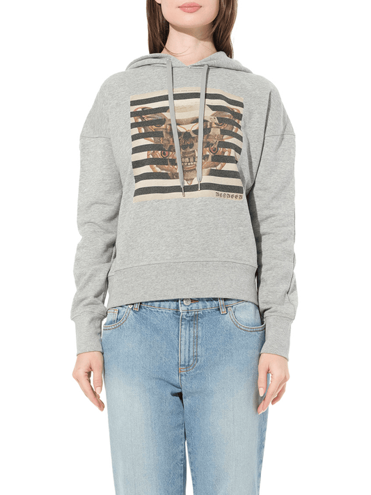 Image of a model wearing Outerwear. Productname: ALEXANDER MCQUEEN Butterfly Skull Sweatshirt in Grey colour by brand - ALEXANDER MCQUEEN